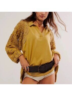 Free People Olivia Tunic Shirt Crochet Oversized Boho Chic Hippie Womens XS